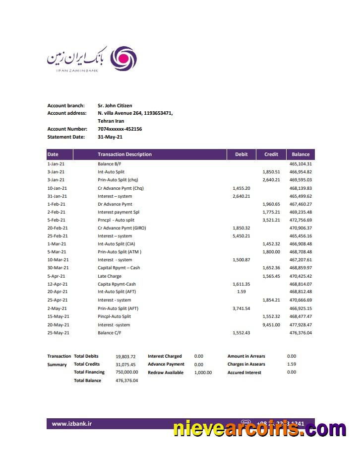 Iran Zamin Bank statement in Excel and PDF format